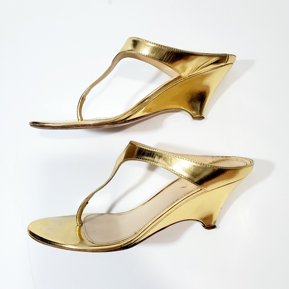 Prada Authentic Patent Leather Golden Wedge 👡 Sandals, Size 7 - Picture 7 of 8